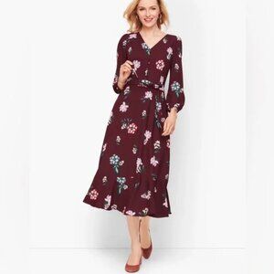 NWOT Talbots Burgundy Crepe Fit & Flare Floral Long Sleeve Midi Dress SZ 14P